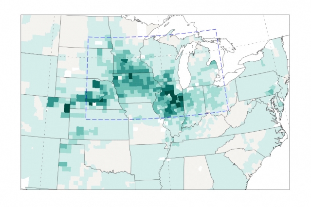 Maps depict the close correlation of crop production, rainfall and temperature in the U.S. Midwest in the last half of the 20th century. In this map, the number of bushels of corn produced are shown in shades of green. (Photo: Courtesy of researchers)