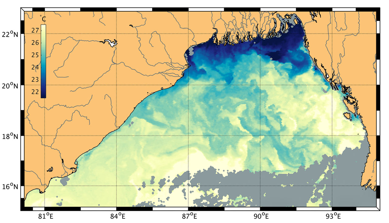 An example of cold sea surface temperature filaments (bright blue) in the Bay of Bengal during winter. Fresh river runoff from the Ganges-Bhramaputra delta is stirred by ocean currents, the small-scale cold filaments appear where fresher and saltier waters meet.  (Source: NASA MODIS)